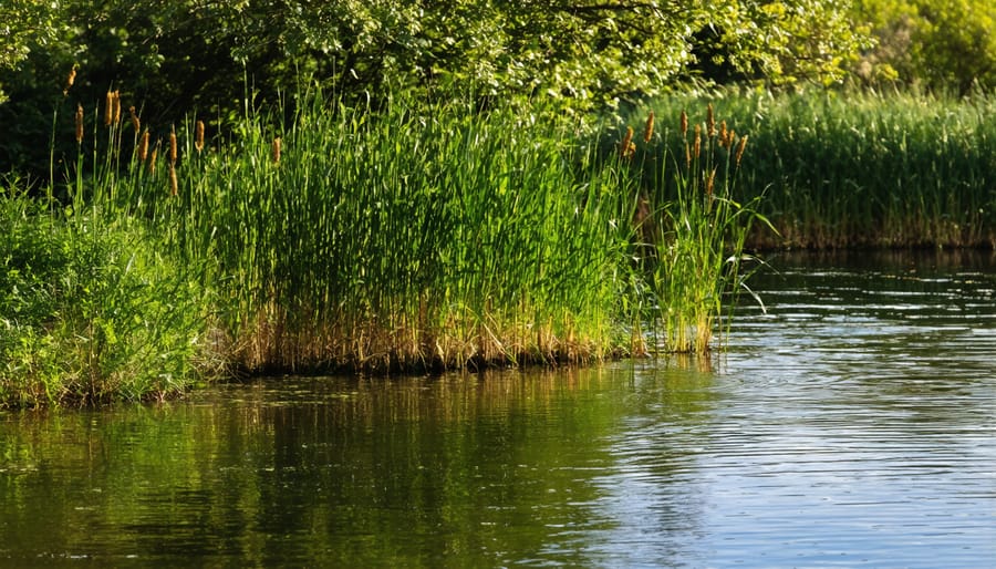 Healthy emergent aquatic plants growing at the margin of a pond, demonstrating natural filtration