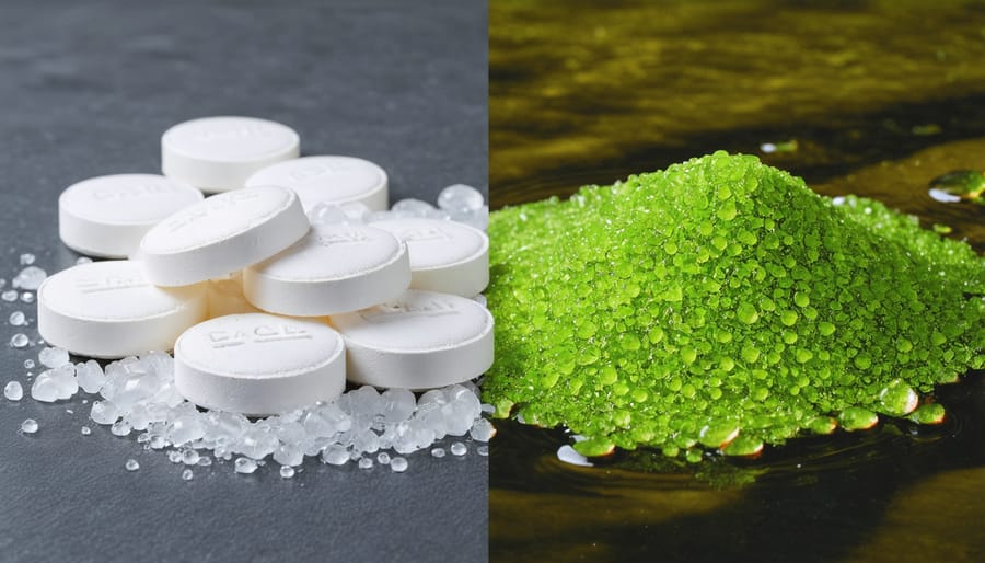 Side-by-side comparison of organic and chemical pond fertilizers showing different formulations