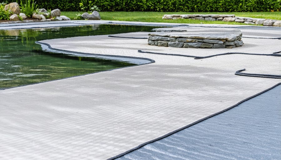 Demonstration of proper pond liner installation techniques with underlayment layers visible