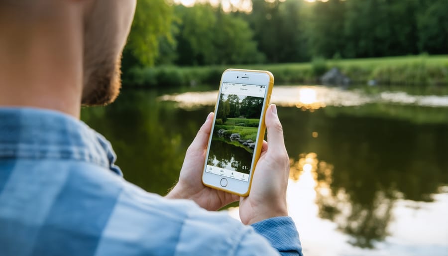 Gardener checking water quality readings on mobile app while standing next to their pond