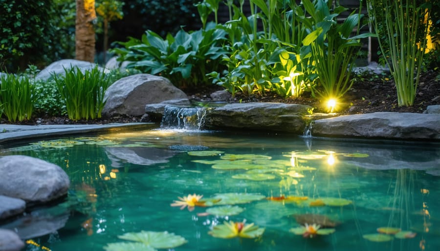 Night view of a garden pond with strategic lighting showing water features and plants