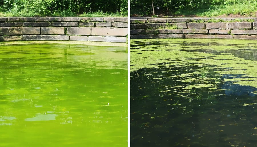 Side-by-side comparison showing clear water garden on left and algae-covered pond on right