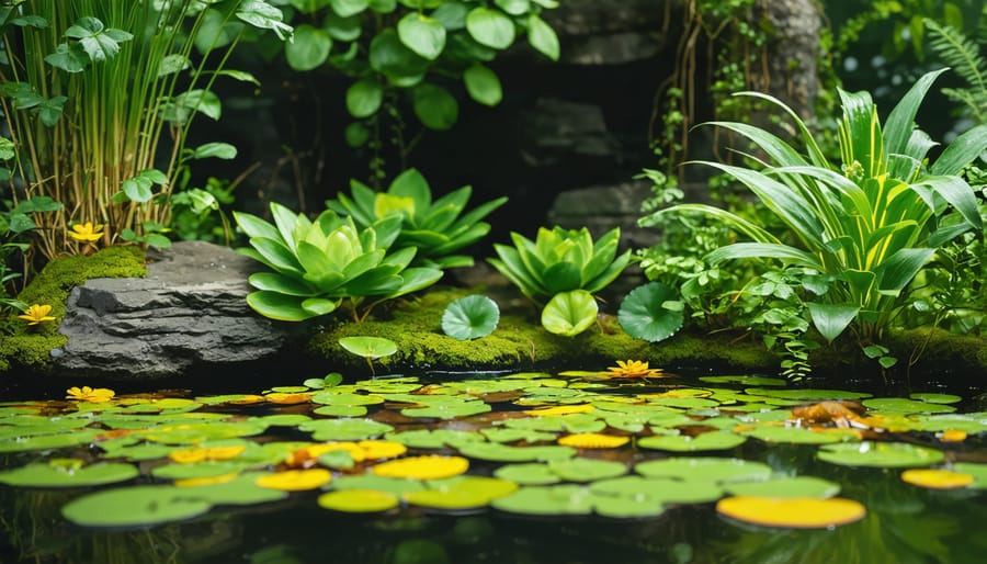 Various pond plants including submerged, floating, and emergent vegetation in a clear pond