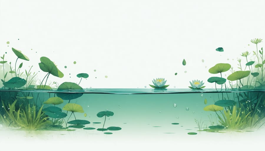 Cross-section view of pond showing relationship between floating and submerged plants