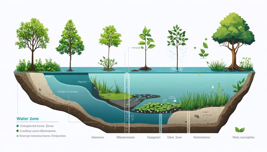 Illustrated diagram showing marginal, floating, and submerged plant zones in a typical pond