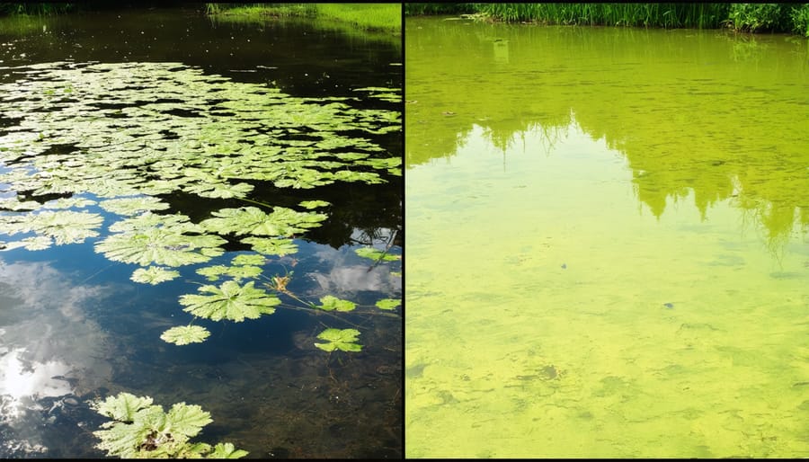 Side-by-side comparison of a healthy clear pond versus a polluted green pond with algae bloom