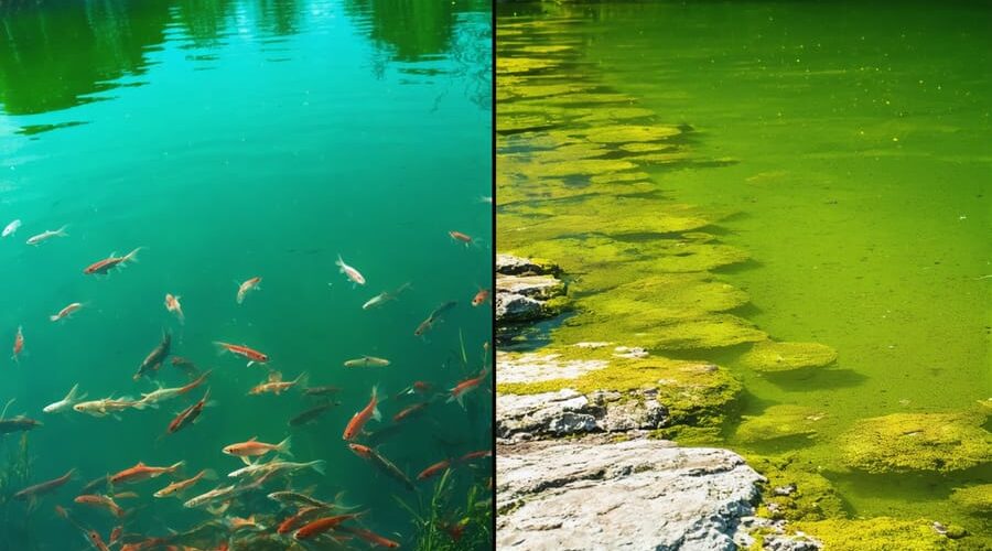 Split-screen image contrasting a vibrant, healthy pond with a diverse aquatic ecosystem against a polluted, algae-filled pond.