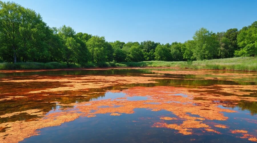 Aerial view of a serene pond with dark green trees casting shadows on the water, scattered with striking red algae patches, depicting a mix of algae-affected and clear water areas.
