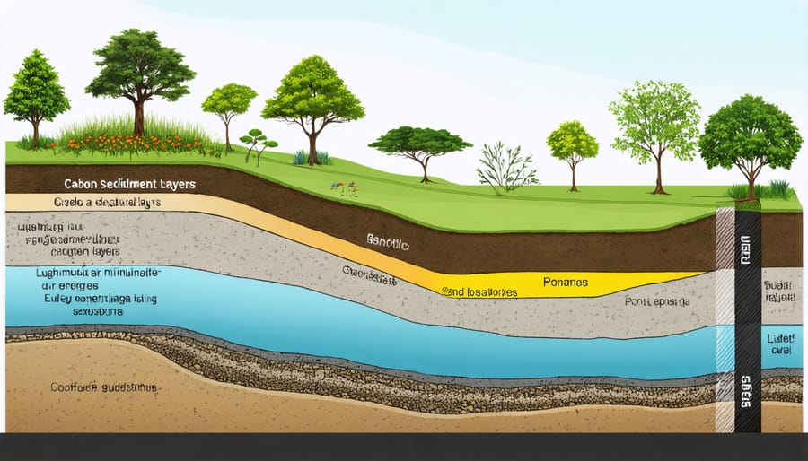 Illustrated layers of pond sediment showing organic matter and carbon storage zones
