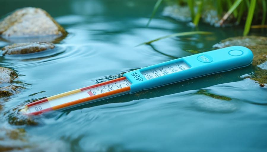 Digital temperature monitoring device displaying critical temperature zones for pond health