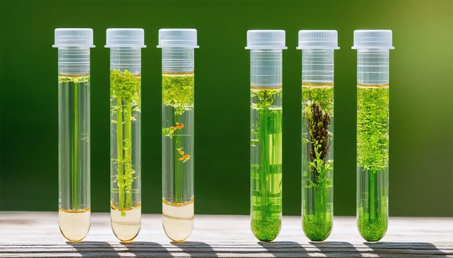 Water quality test tubes comparing clear healthy pond water with red algae contaminated water