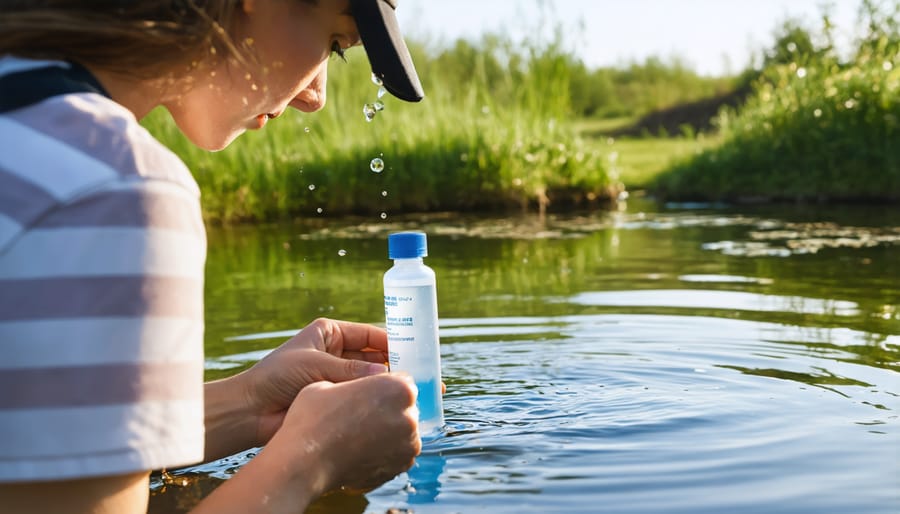 Pond owner testing water quality with a digital meter and test strips