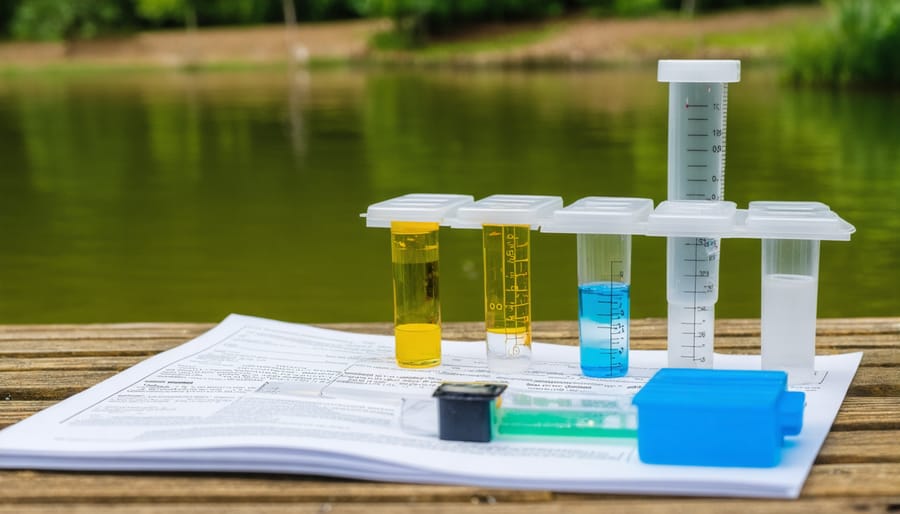 Hands using a digital meter and test tubes to analyze pond water quality