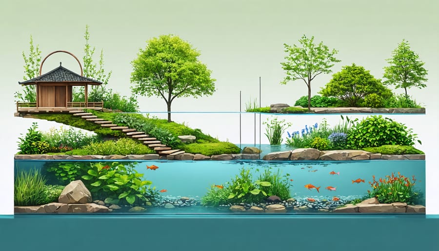 Diagram showing optimal placement of different pond plants and designated fish zones