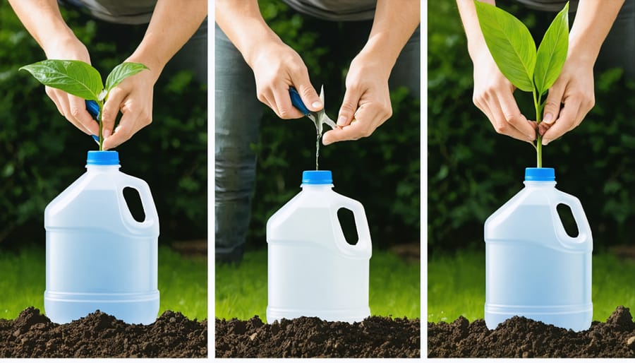 Hands demonstrating how to cut and prepare a water jug for garden conversion