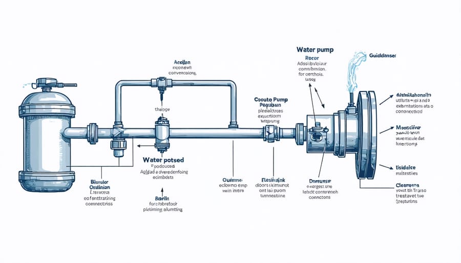 Technical diagram showing water pump parts and plumbing assembly for garden water features