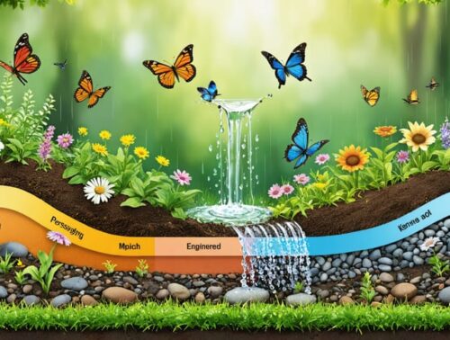 Illustration of a rain garden with vibrant wildlife, cross-sectional view showing layers of plants, soil, and gravel filtering rainwater, surrounded by butterflies and birds.