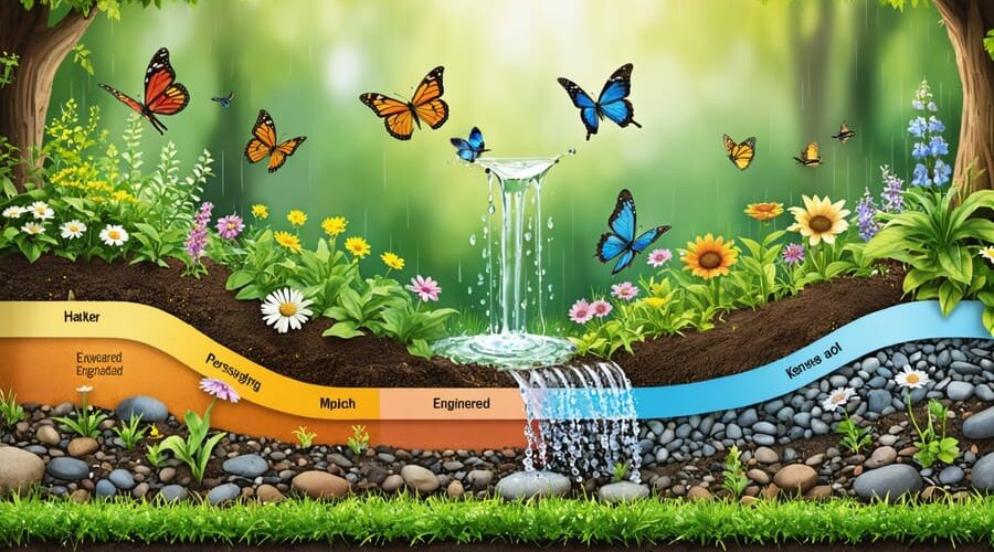Illustration of a rain garden with vibrant wildlife, cross-sectional view showing layers of plants, soil, and gravel filtering rainwater, surrounded by butterflies and birds.
