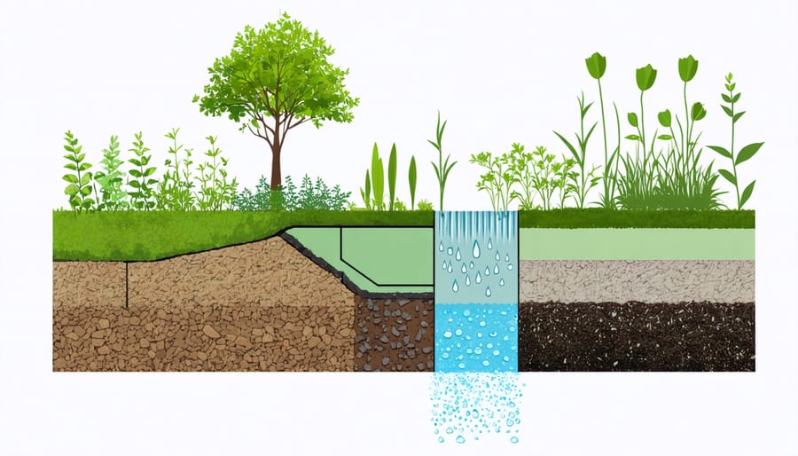 Detailed cross-sectional illustration of rain garden layers and water flow patterns