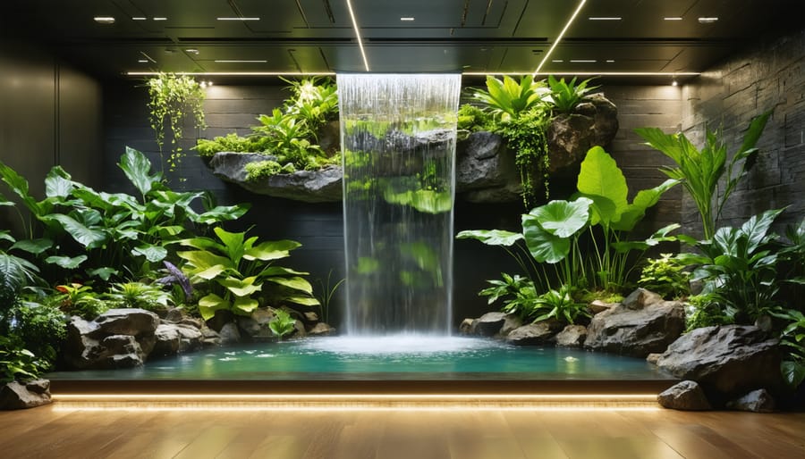 Elevated indoor water feature with modern design elements and ambient lighting