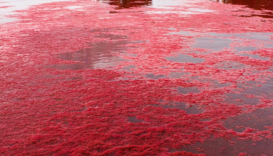 Bright red algae covering the surface of a pond, showing typical appearance of a red algal bloom