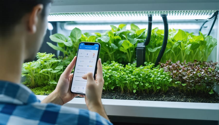 Farmer checking aquaponics system parameters on mobile device