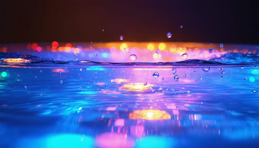 Garden water bowl with RGB underwater lights creating rainbow effects in rippling water