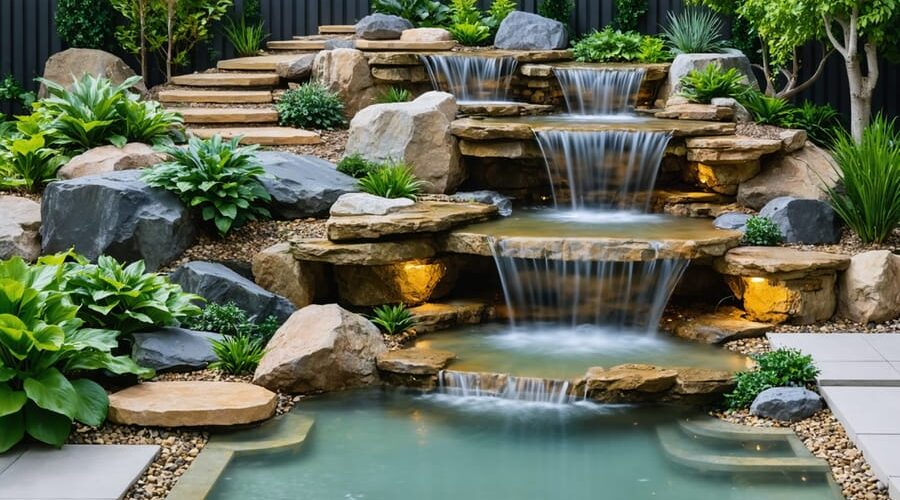 A serene backyard showcasing a safe and aesthetically pleasing water feature, with cascading pondless waterfall, bubbling fountains, and a shallow decorative pool, surrounded by non-slip stone pathways and natural boulder seating.