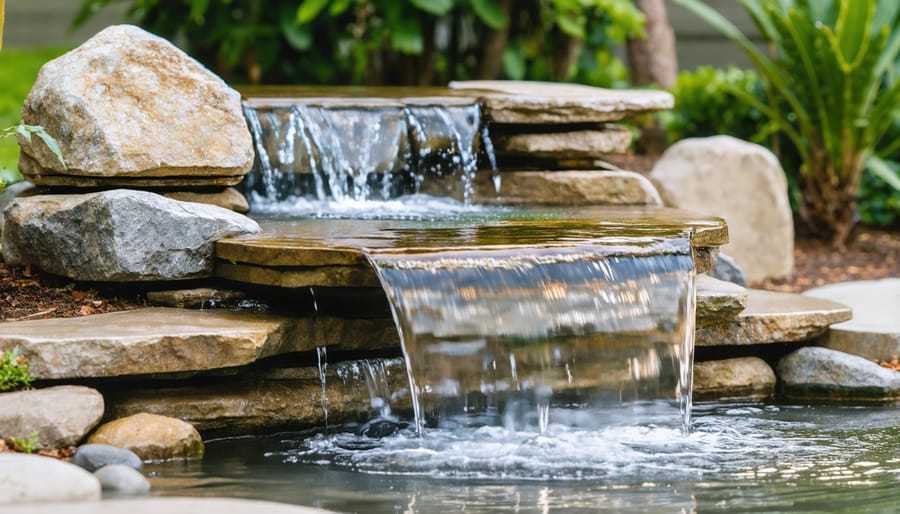 Safe and elegant pondless waterfall with natural stone construction and LED lighting