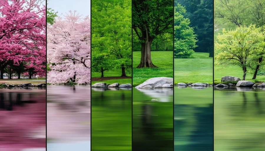 Quadrant view of a garden pond throughout spring, summer, fall, and winter seasons