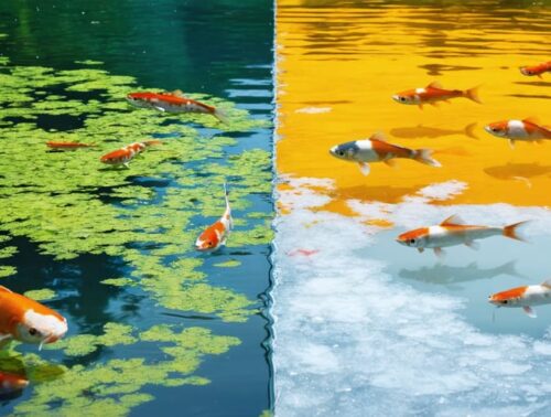 Artistic depiction of a pond transitioning through the four seasons, highlighting climate impacts on fish health and aquatic ecosystem stability.