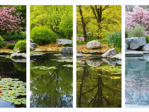 A four-quadrant collage image displaying a garden pond through the different seasons: spring with blooming plants, summer with lush greenery, autumn with leaves and a net, and winter with frost and protective coverings.