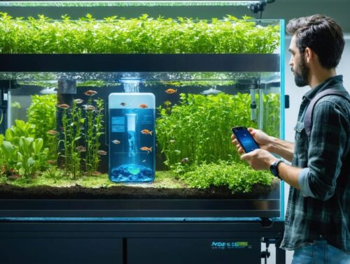 An aquaponic setup with a fish tank and plant grow beds, equipped with digital sensors for monitoring. A farmer holds a smartphone displaying app controls for managing the system remotely.