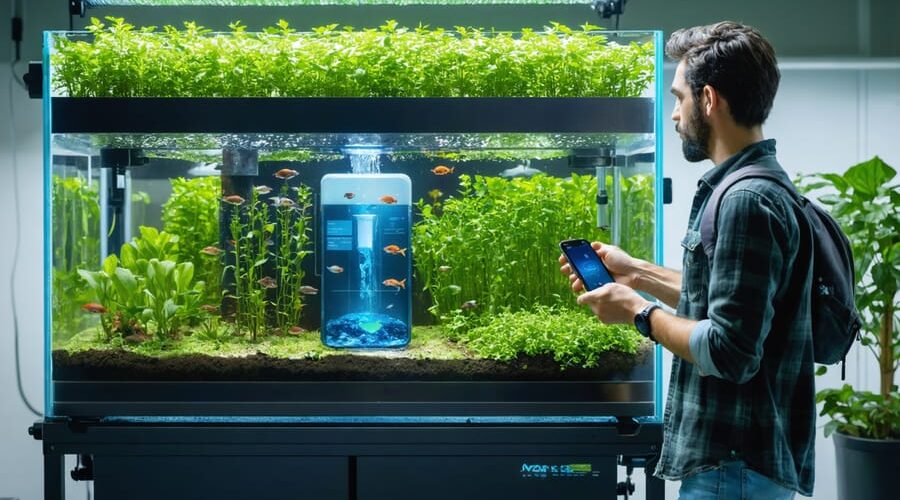 An aquaponic setup with a fish tank and plant grow beds, equipped with digital sensors for monitoring. A farmer holds a smartphone displaying app controls for managing the system remotely.