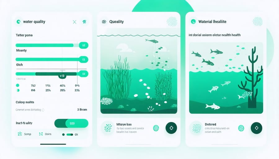 Digital interface of a smart pond filter system displaying real-time water parameters and bacterial activity levels