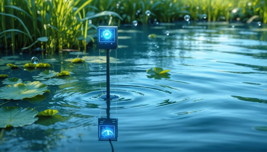 Array of digital water quality sensors submerged in a pond with data readouts visible