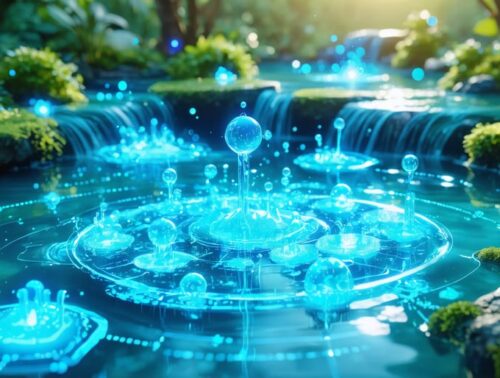 Conceptual illustration showing a backyard water garden with clear water and lush plants, overlaid with digital symbols and graphs representing smart technology used in pond filtration and purification.