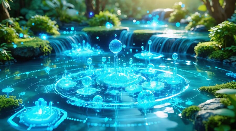 Conceptual illustration showing a backyard water garden with clear water and lush plants, overlaid with digital symbols and graphs representing smart technology used in pond filtration and purification.