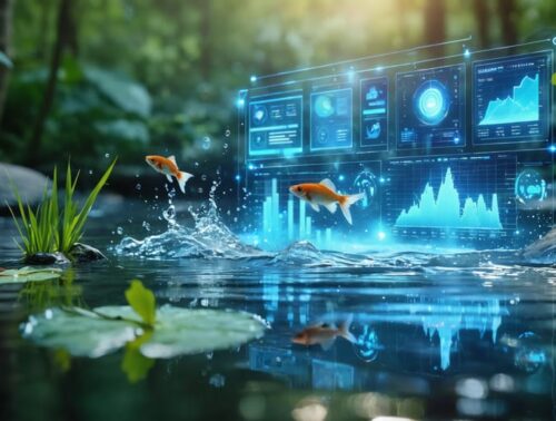 Conceptual illustration showing a pond with digital sensors and data analytics overlay, symbolizing smart technology's role in maintaining aquatic health.