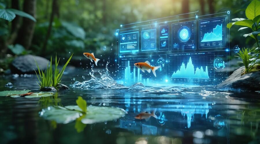 Conceptual illustration showing a pond with digital sensors and data analytics overlay, symbolizing smart technology's role in maintaining aquatic health.