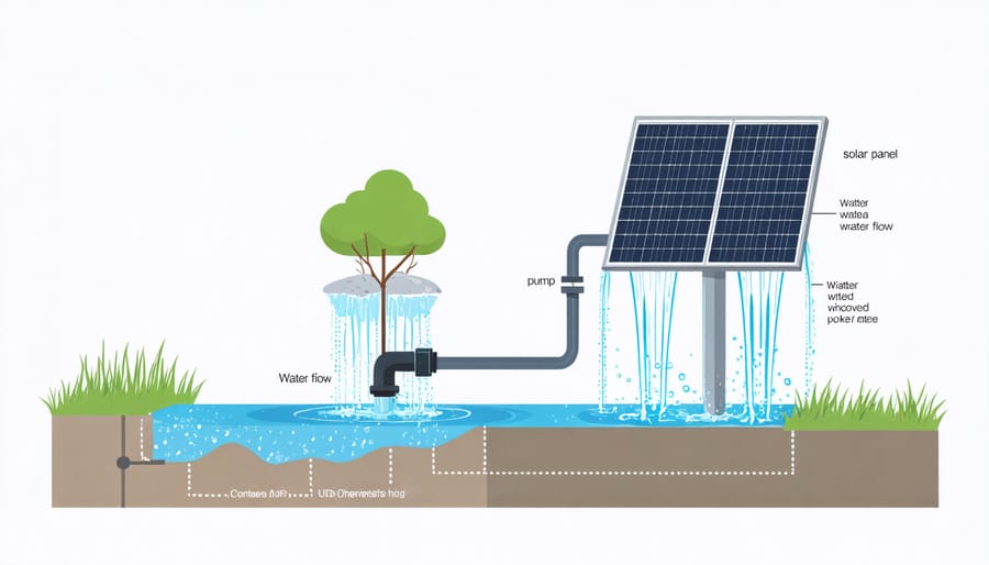 Technical illustration of solar water feature components and their connections