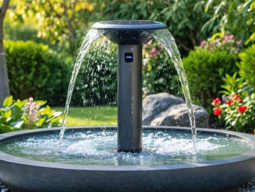 A garden with a solar-powered water fountain, featuring tiers of cascading water surrounded by vibrant plants and flowers, under clear sunlight.