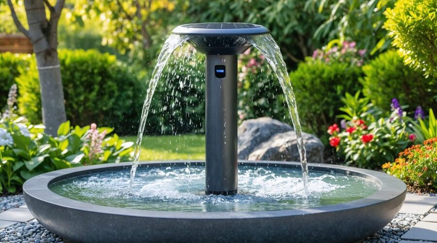 A garden with a solar-powered water fountain, featuring tiers of cascading water surrounded by vibrant plants and flowers, under clear sunlight.