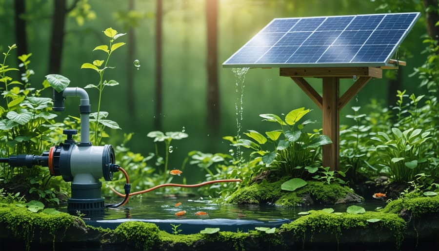 Eco-friendly pond filtration system showing solar panels and natural plant filtration zones