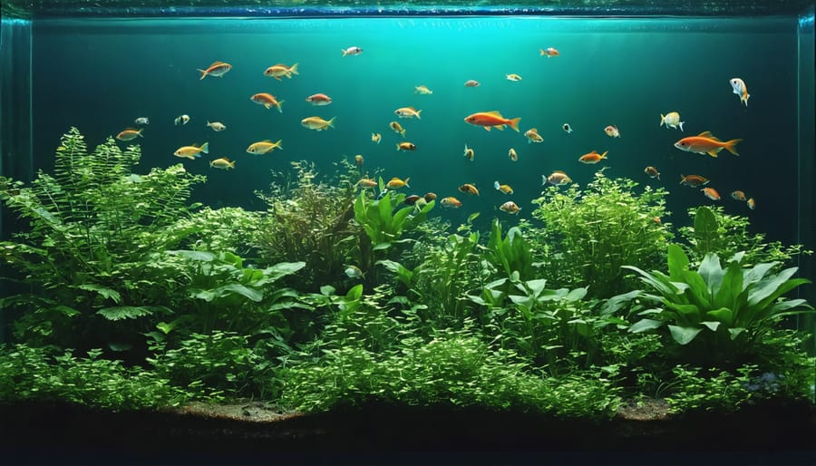 Vibrant underwater scene with hornwort, anacharis, and other oxygenating plants growing in clear water