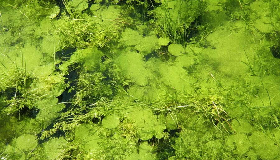 Detailed view of green algae blooms and duckweed in a pond during summer