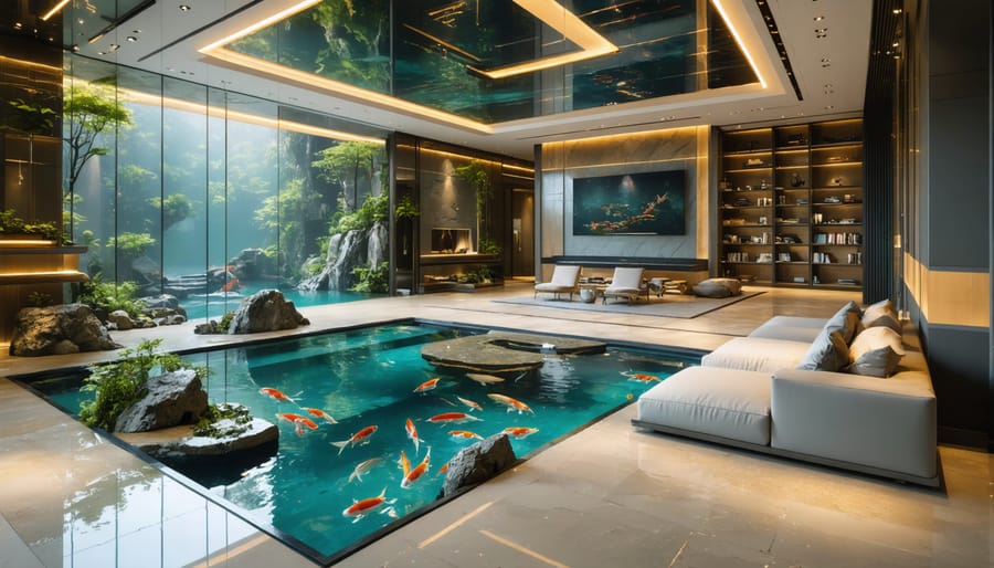 Modern living room with a transparent floor pond showcasing colorful koi fish swimming below