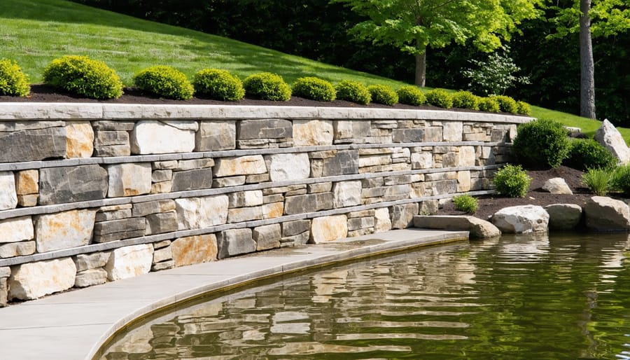 Workers installing natural stone retaining wall for a hillside pond with sustainable techniques