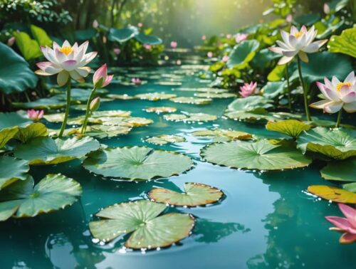 A picturesque water garden displaying a variety of aquatic plants, including pink water lilies, submerged hornwort, and tall marginal plants along the pond's edge, creating a balanced and flourishing ecosystem.