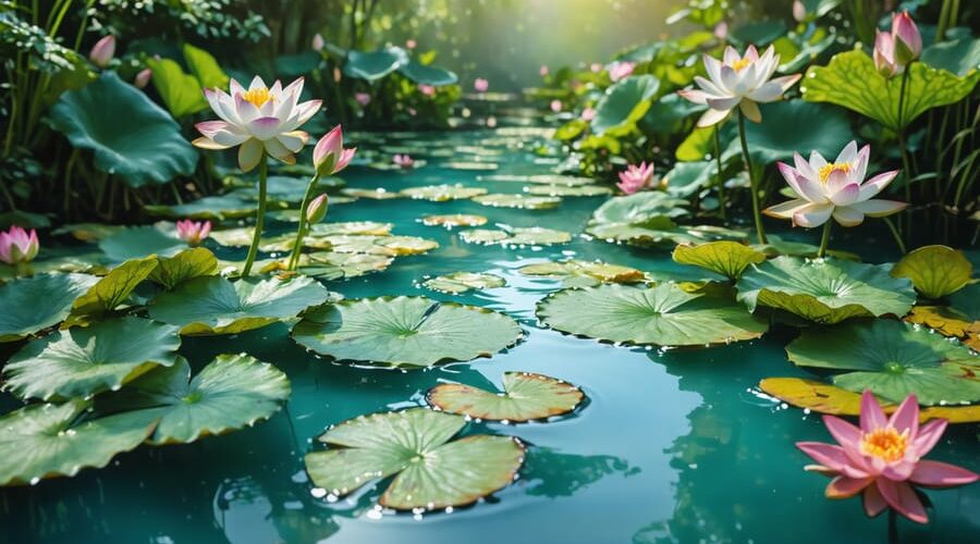 A picturesque water garden displaying a variety of aquatic plants, including pink water lilies, submerged hornwort, and tall marginal plants along the pond's edge, creating a balanced and flourishing ecosystem.